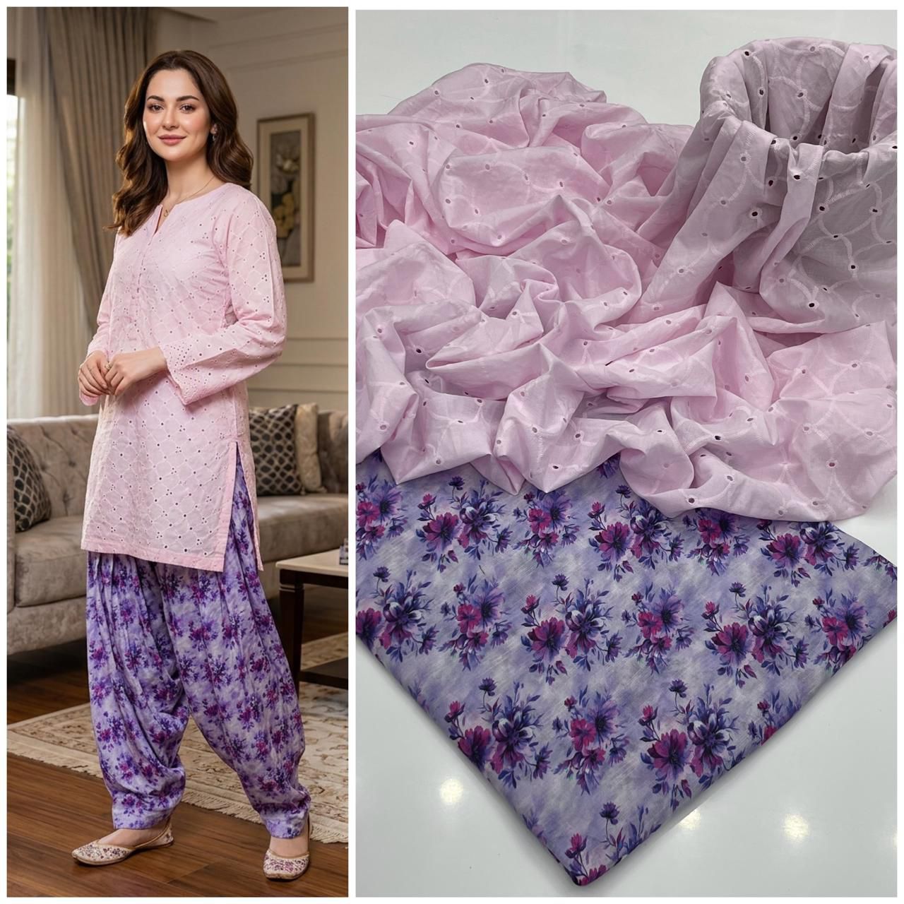 2 Piece Light Pink Color Chicken Kari Shirt with Printed Trouser | 01