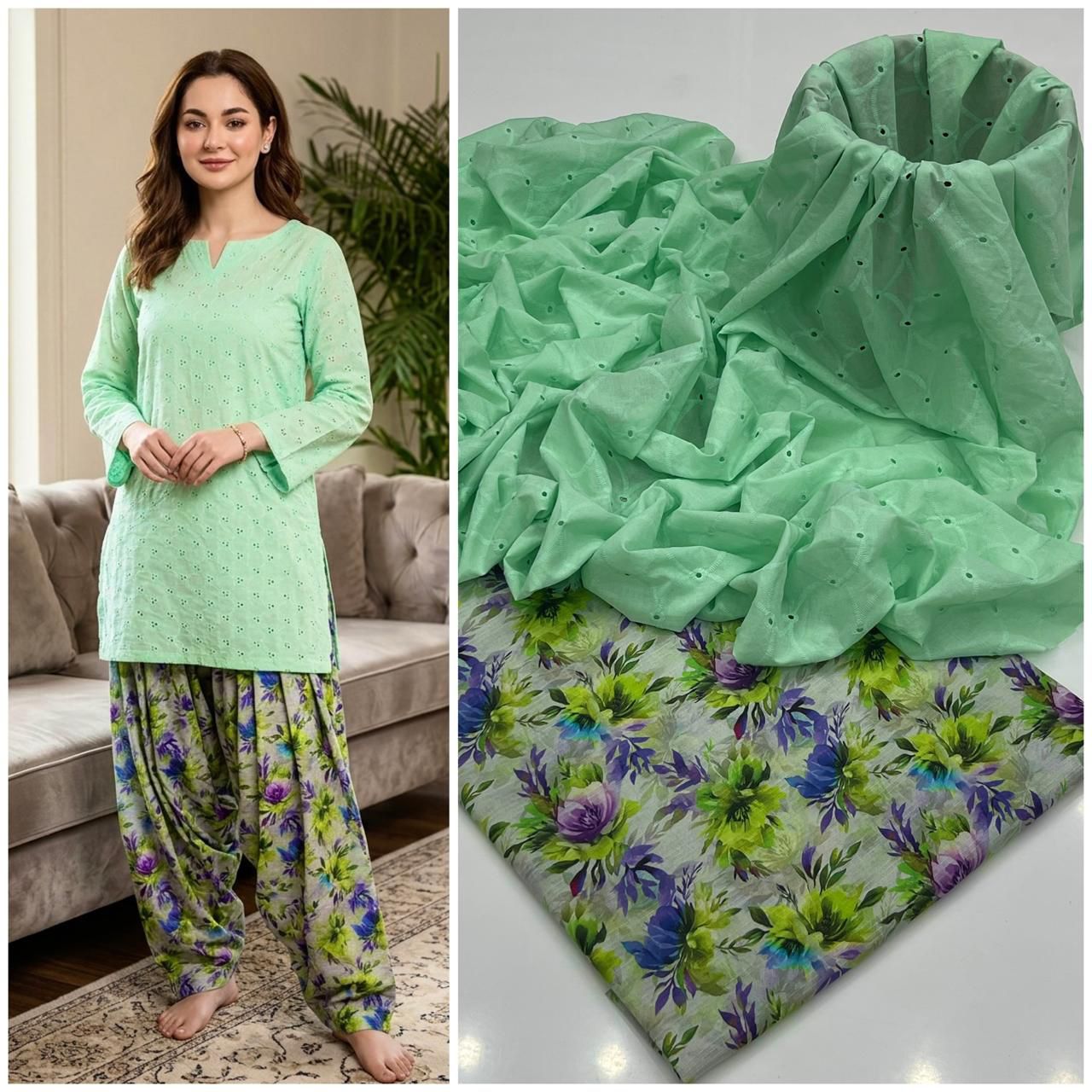 2 Piece Sea Green Color Chicken Kari Shirt with Printed Trouser
