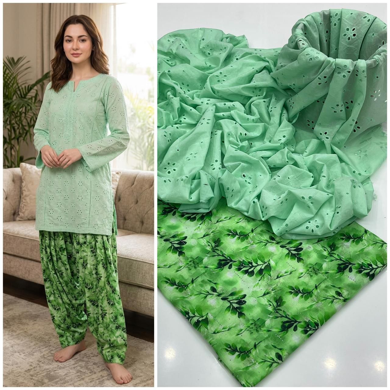 2 Piece Sea Green Color Chicken Kari Shirt with Printed Trouser | 02