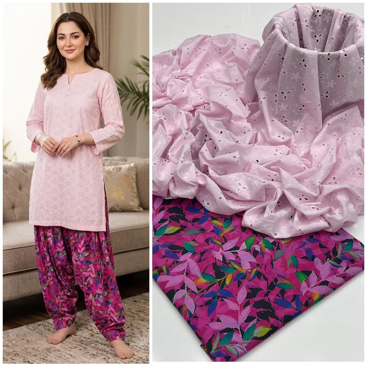 2 Piece Light Pink Color Chicken Kari Shirt with Printed Trouser |  02
