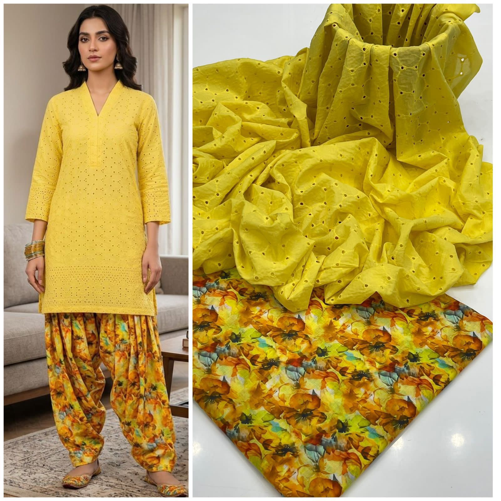 2 Piece Yellow Color Chicken Kari Shirt with Printed Trouser | 01