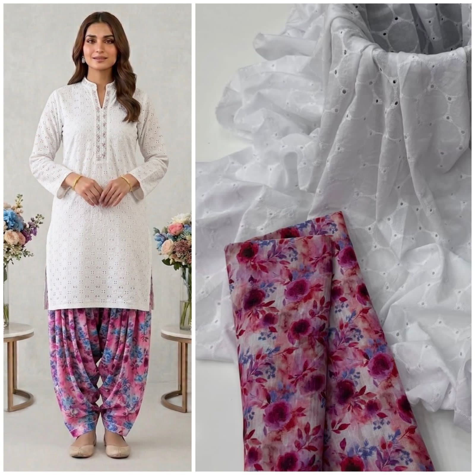 2 Piece White Color Chicken Kari Shirt with Printed Trouser | 01
