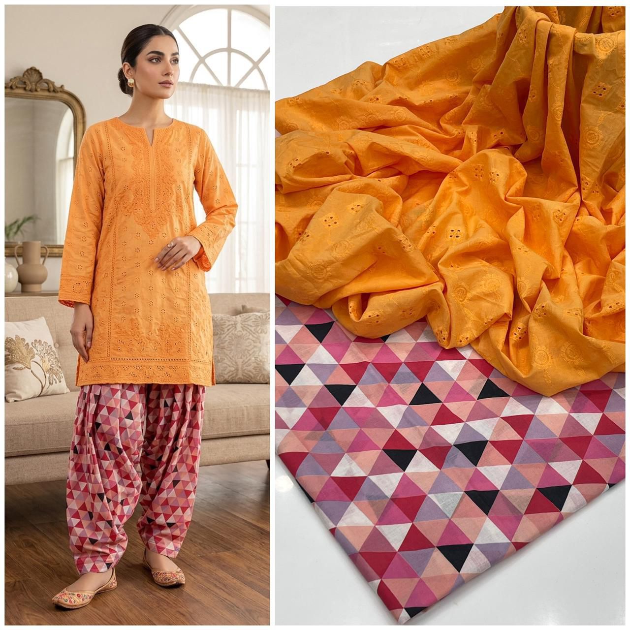 2 Piece Orange Color Chicken Kari Shirt with Printed Trouser