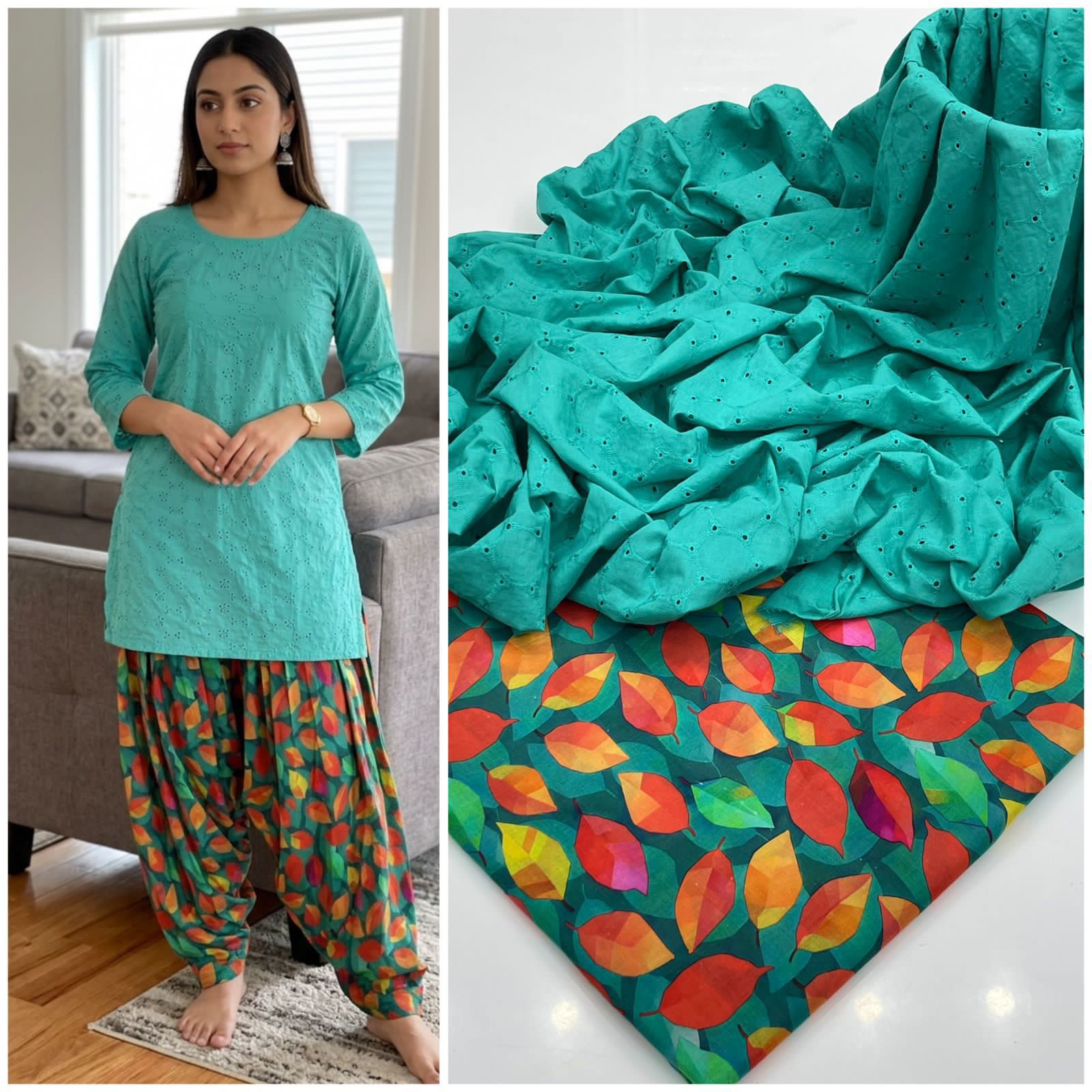 2 Piece Zinc Color Chicken Kari Shirt with Printed Trouser