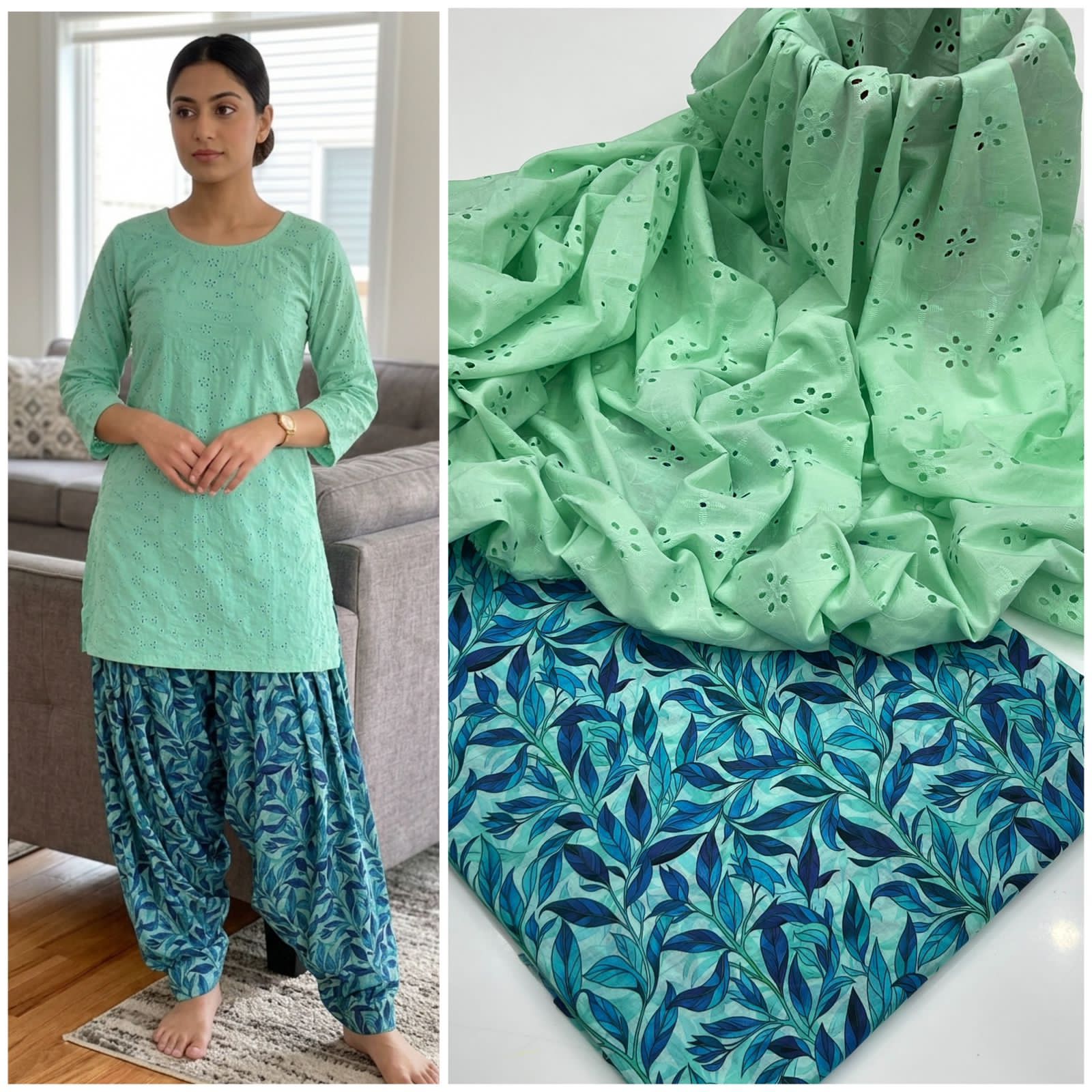 2 Piece Sea Green Color Chicken Kari Shirt with Printed Trouser | 03