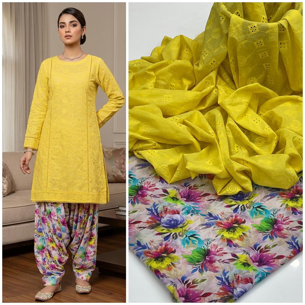 2 Piece Yellow Color Chicken Kari Shirt with Printed Trouser