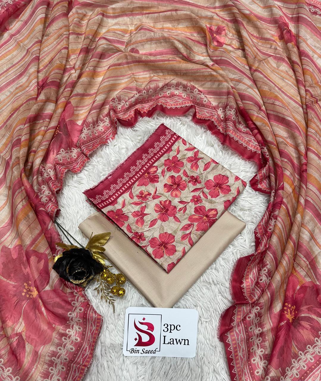 3 Piece Printed Red Cream Color Unstitched Suit I Bin Saeed
