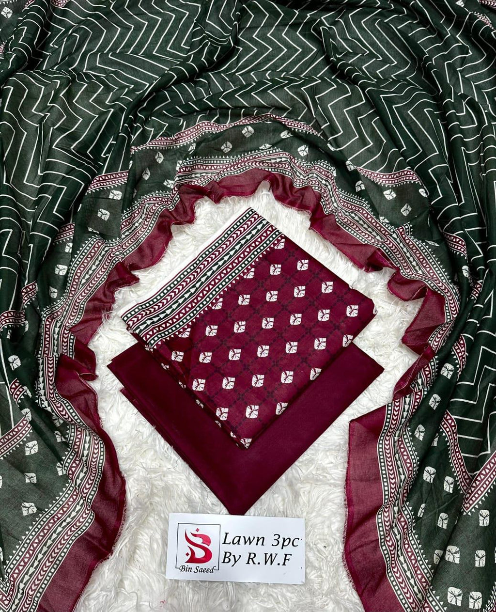 3 Piece Printed Mahroon Color Unstitched Suit I Bin Saeed