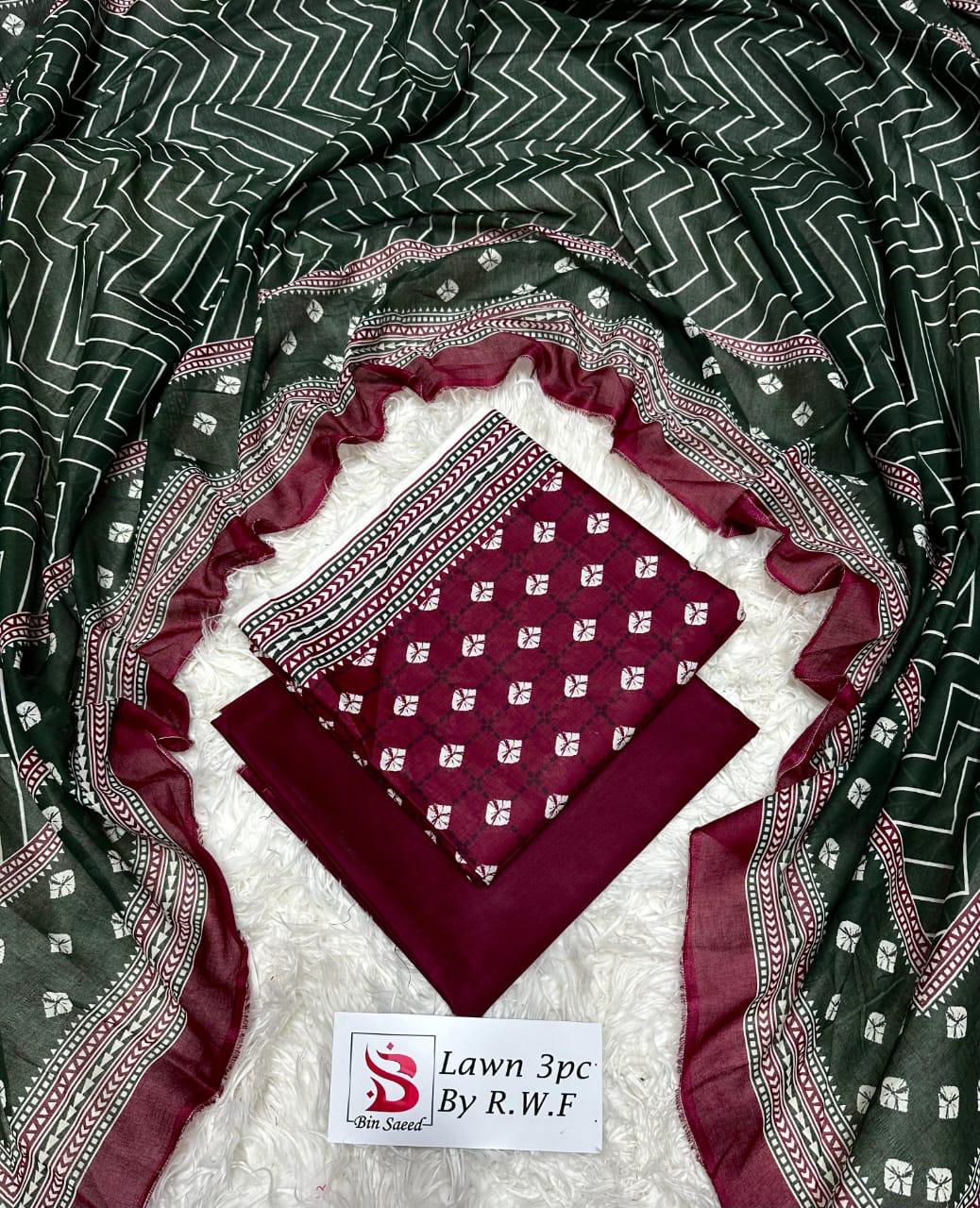 3 Piece Printed Mahroon Color Unstitched Suit I Bin Saeed